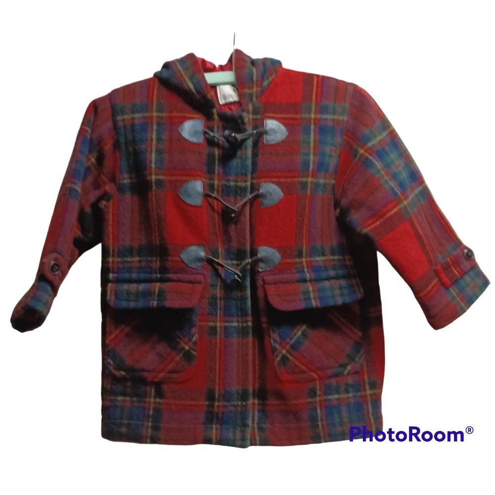 VINTAGE YOUNG GALLERY WOOL HOODED COAT, SIZE 5, PLAID W TOGGLE CLOSURES, RED
